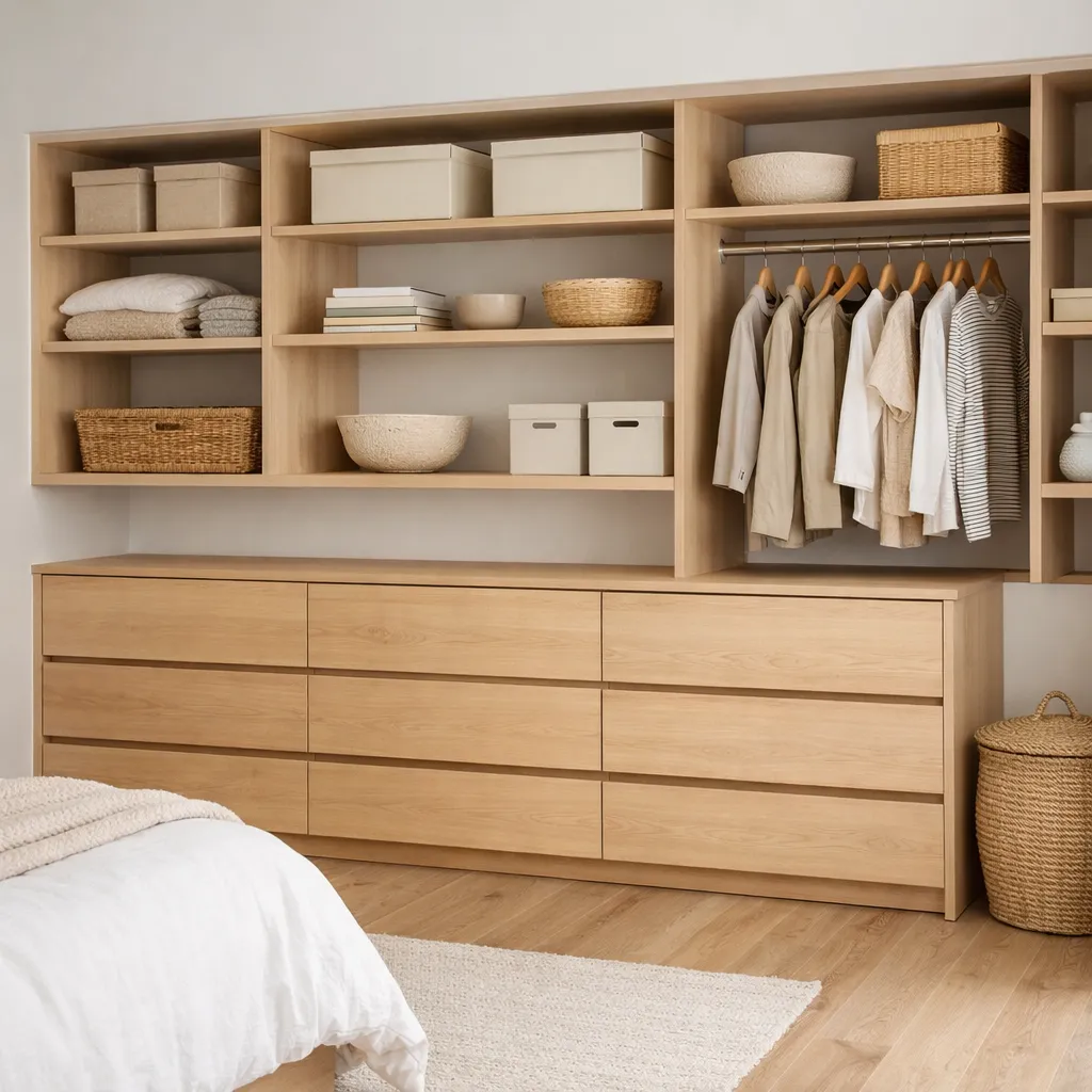 Wide three-quarter view of a calm bedroom storage wall with pale wood drawers, labeled-free neutral boxes, open walking space, and no people or logos