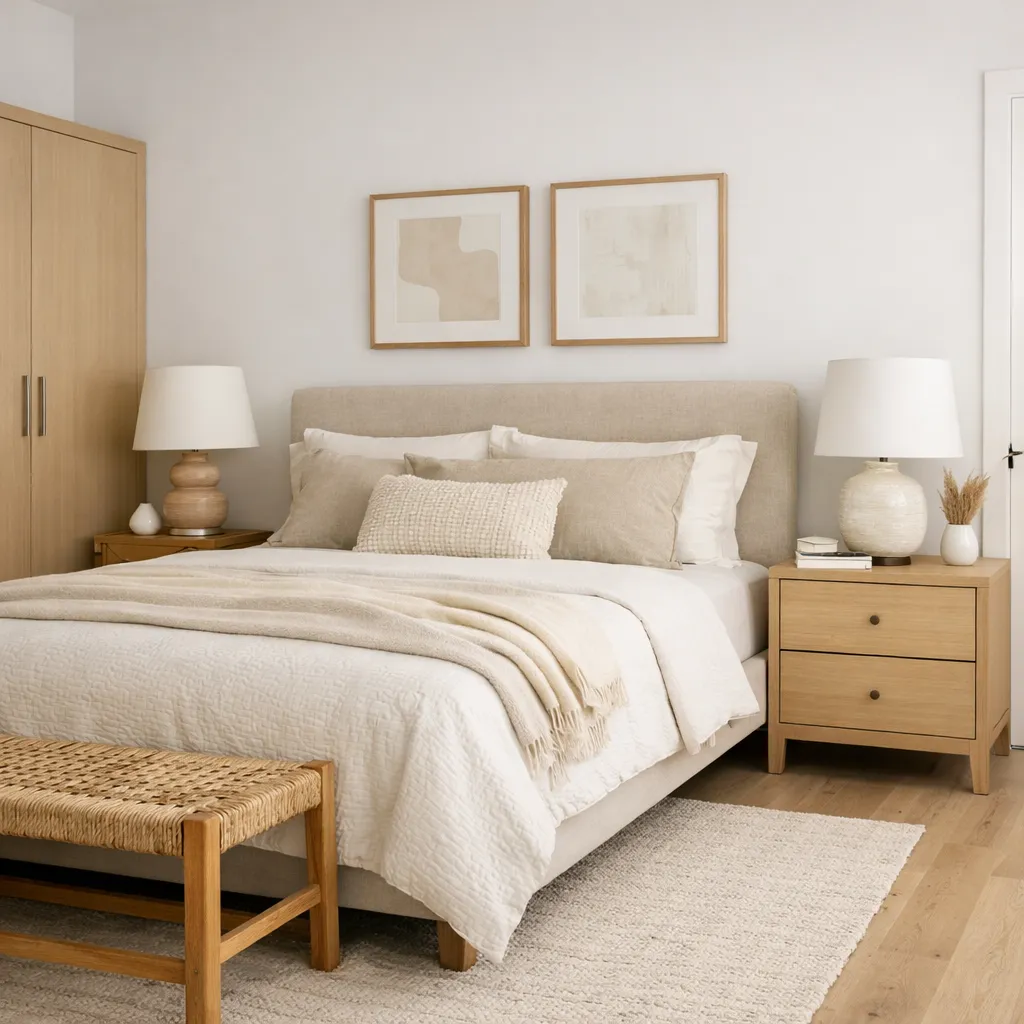 Eye-level finished bedroom in a restrained warm-neutral palette with closed storage, layered lamps, clear floor space, natural textures, and no people, text, or logos