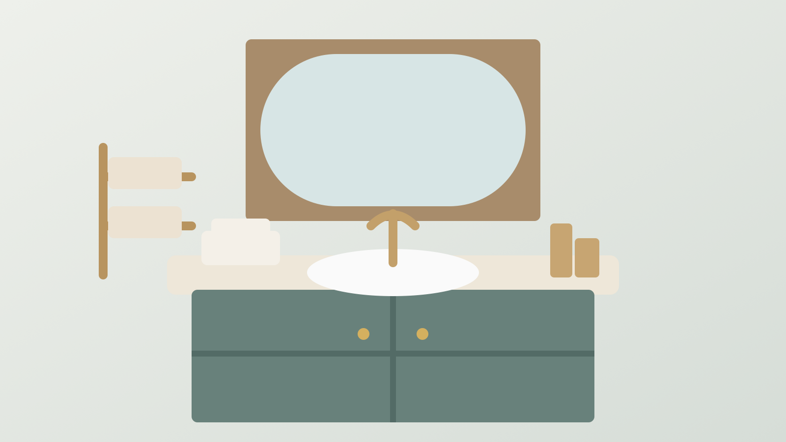 Refreshed bathroom vanity with framed mirror, coordinated hardware, clear counter, and folded towels