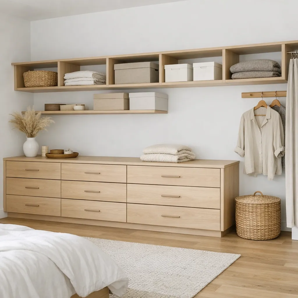 Wide three-quarter view of a calm bedroom storage wall with pale wood drawers, labeled-free neutral boxes, open walking space, and no people or logos