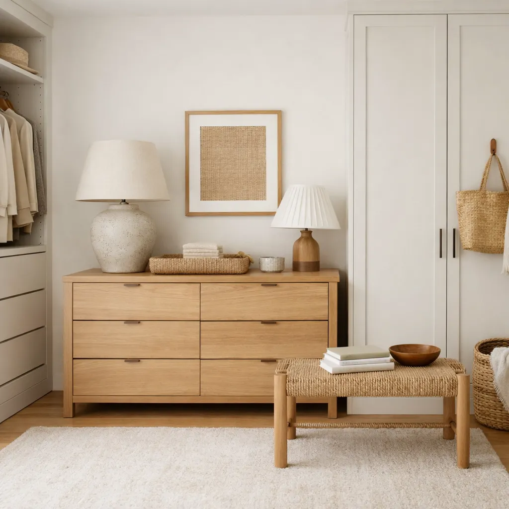Eye-level finished closet in a restrained warm-neutral palette with closed storage, layered lamps, clear floor space, natural textures, and no people, text, or logos