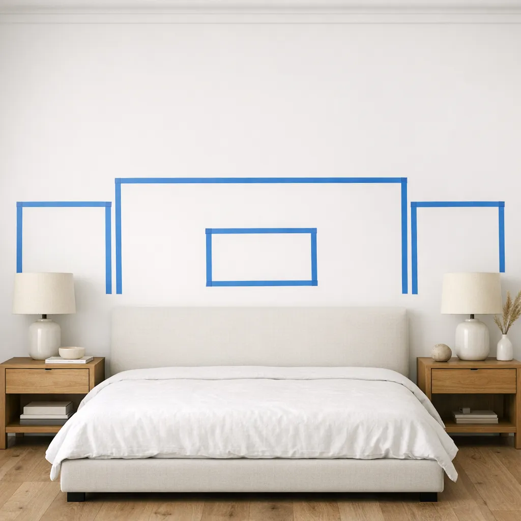 Painter’s-tape outlines comparing possible headboard widths