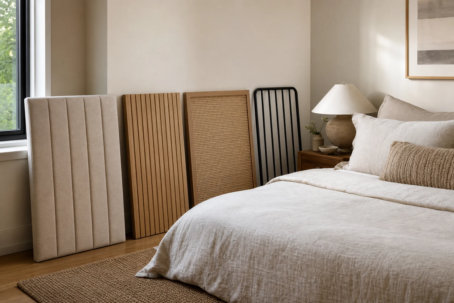 Four renter-friendly headboard material samples beside a neatly made bed