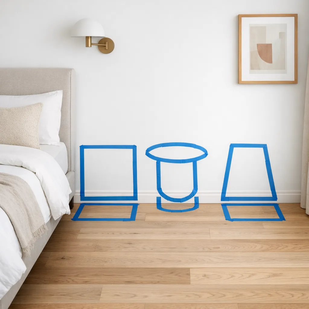 Nightstand footprint options marked beside a neatly made bed