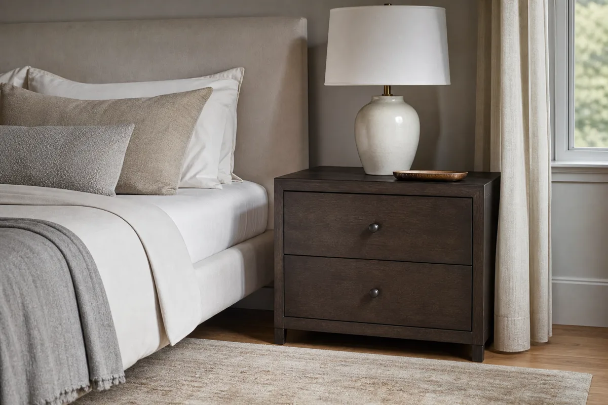 Two-drawer chest nightstand beside a neatly made bed
