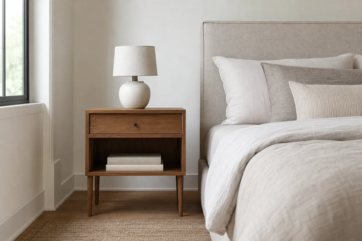 One-drawer open-shelf nightstand beside an upholstered bed