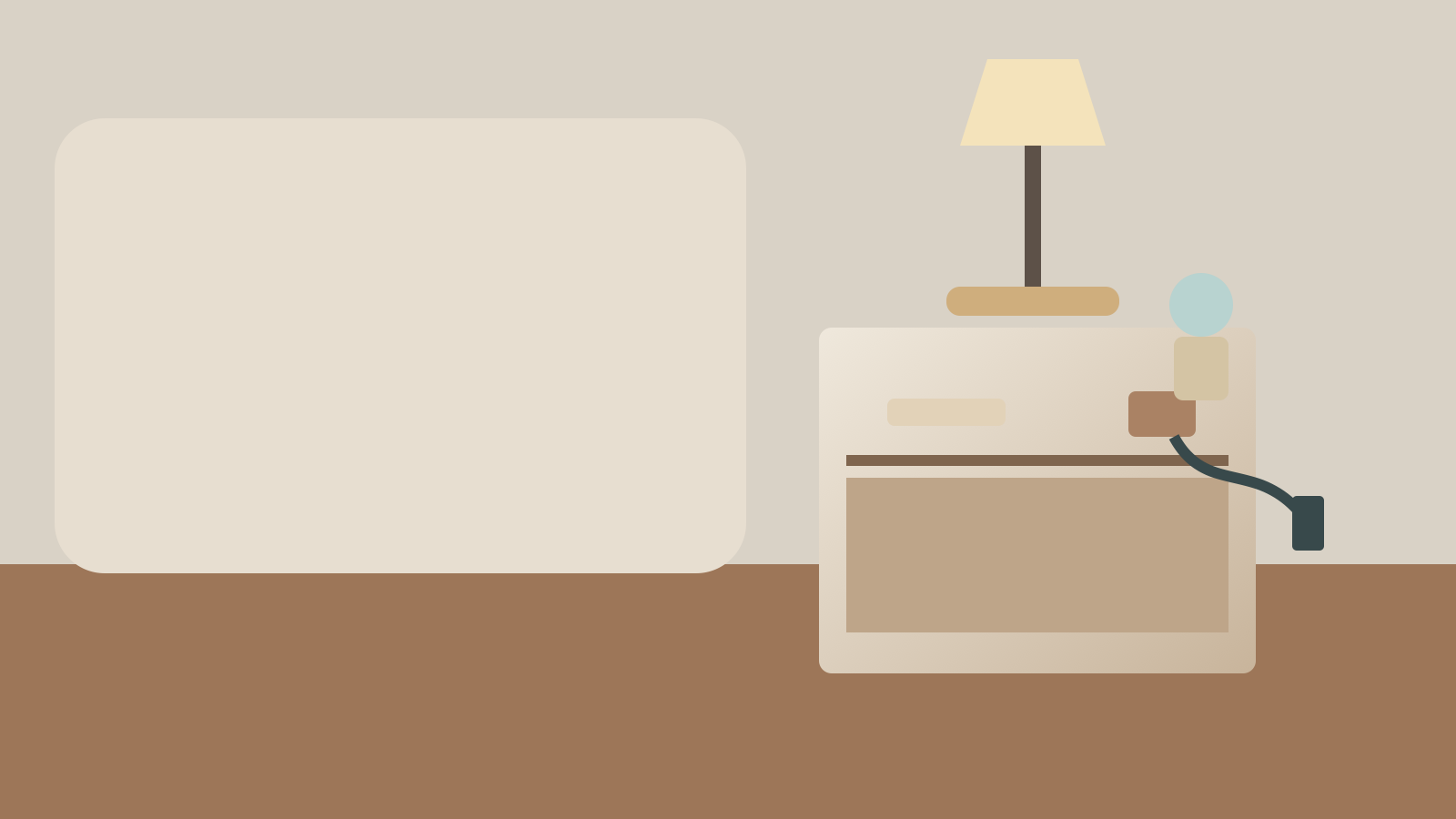 Wood nightstand with stable lamp, tray, book, and neatly routed charging cable