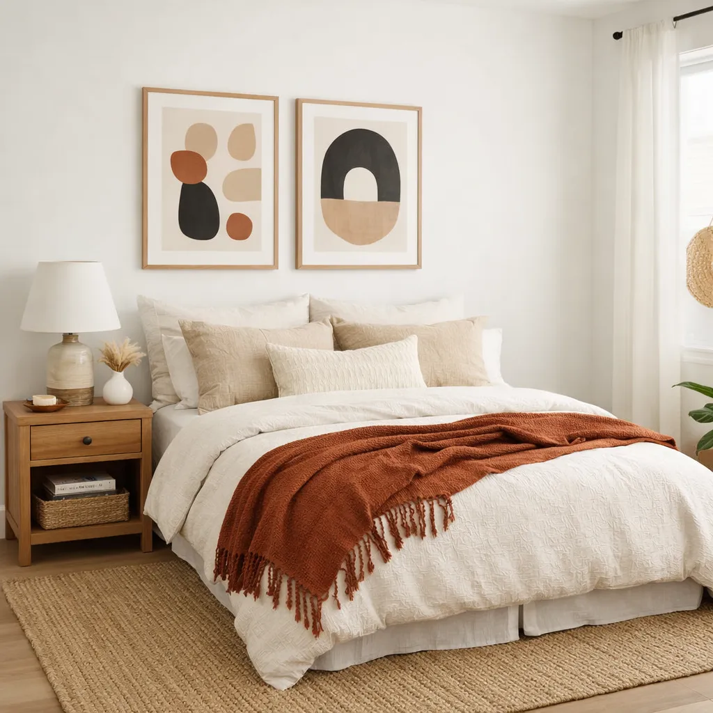 Wide corner view of an unoccupied boho bedroom with layered neutral bedding, rust throw, woven rug, wood nightstand, and framed abstract art, no text or logos