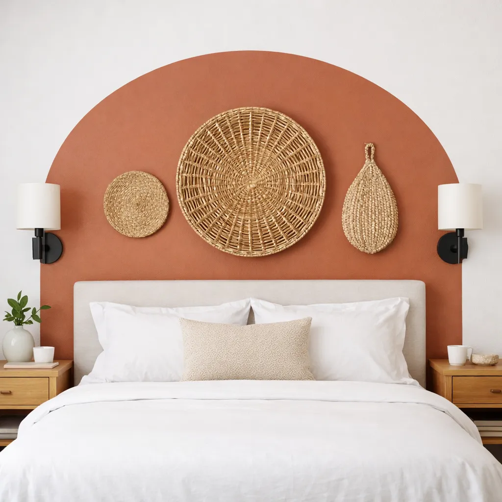 Straight-on view of a bed wall with a painted terracotta arch, securely mounted lightweight woven decor, two simple sconces, and uncluttered wood nightstands