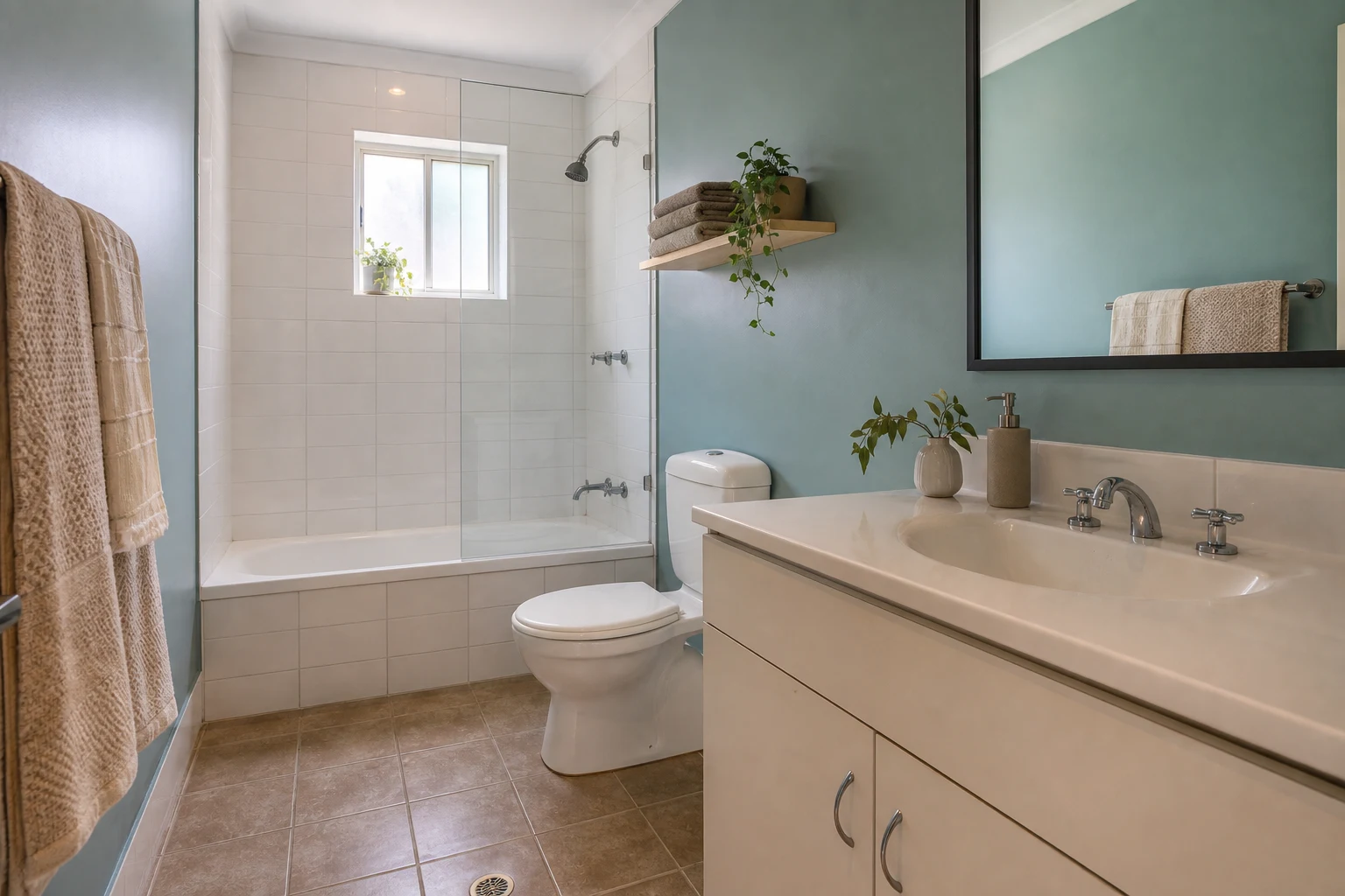 Compact bathroom with muted blue-green walls, white tile, neutral towels, and an uncluttered vanity