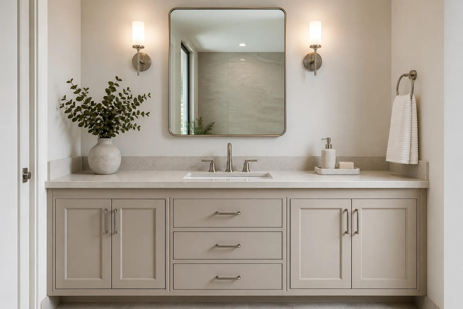 Existing bathroom vanity refreshed with brushed-nickel pulls, framed mirror, and matching sconces