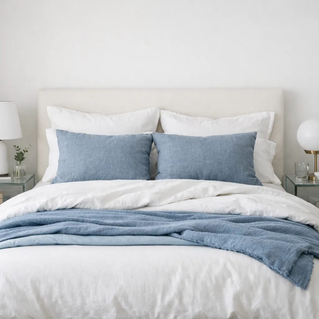Wide object-only photo of a calm guest bed with layered white and muted blue washable bedding, two pillow types, clear nightstands, and no people