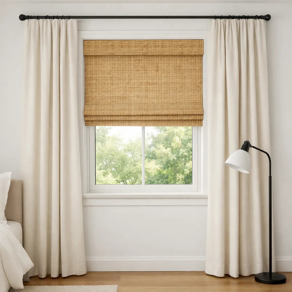 Straight-on object-only photo of a guest bedroom window with a woven shade and full-length lined curtains, showing clear floor space and a nearby reading lamp