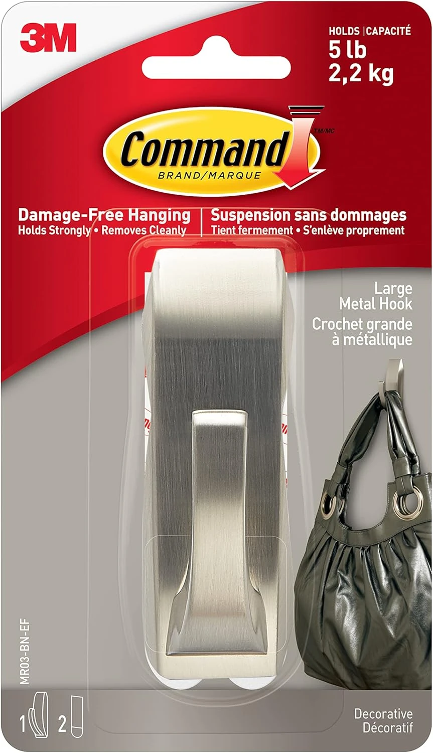 Command Modern Reflections Large Brushed Nickel Metal Hook — 1 Hook, 2 Strips (MR03-BN-EF)