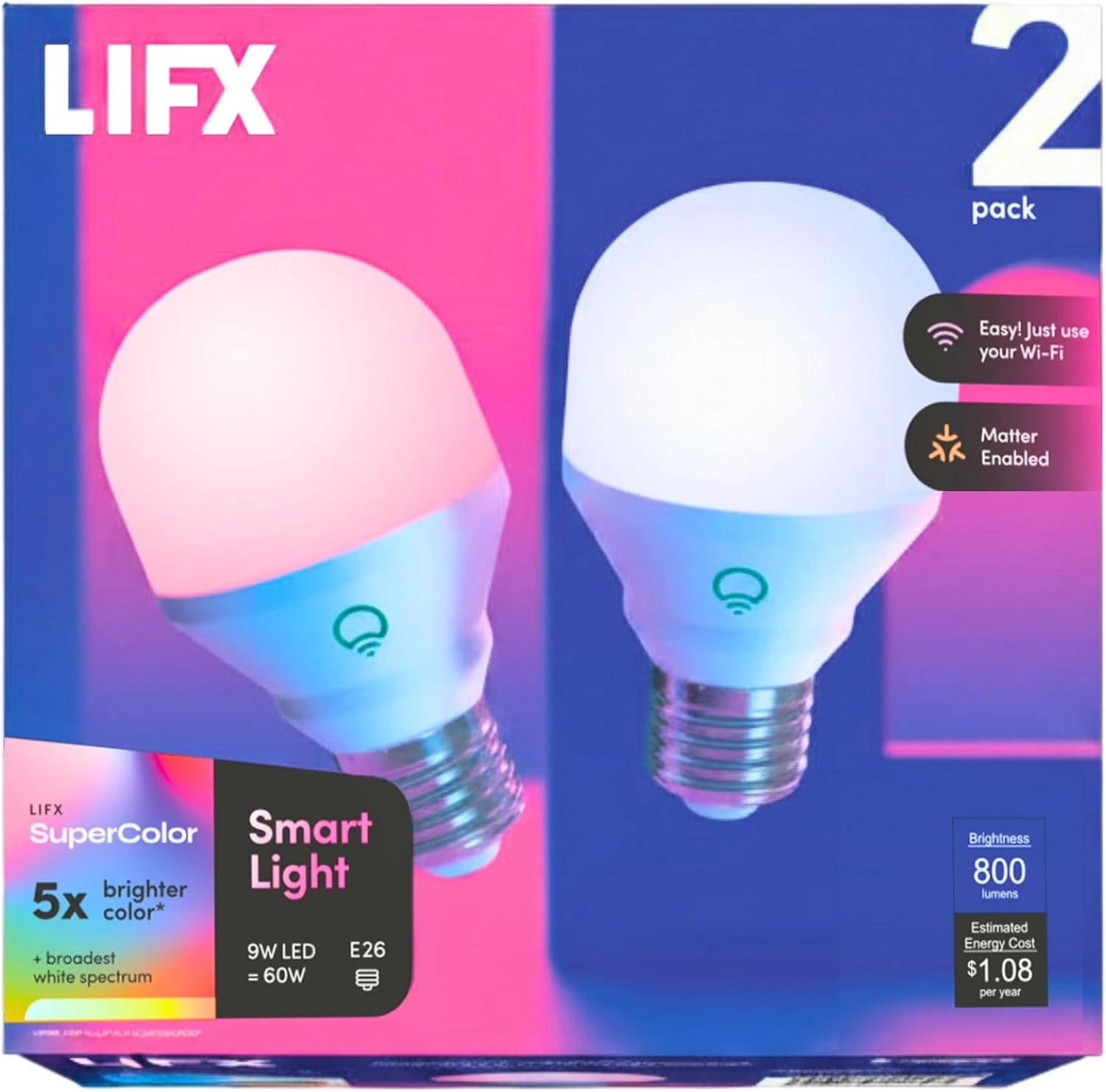 LIFX SuperColor A19 800-Lumen Smart Bulbs — E26, 2-Pack