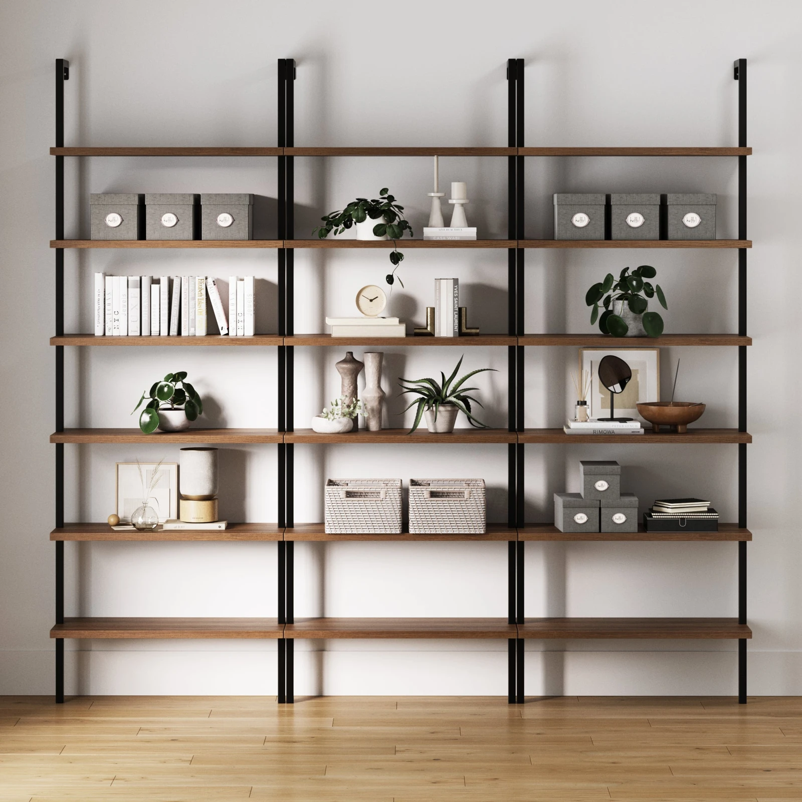Nathan James Theo 6-Shelf Bookcase Set of 3 — Reclaimed Oak/Matte Black