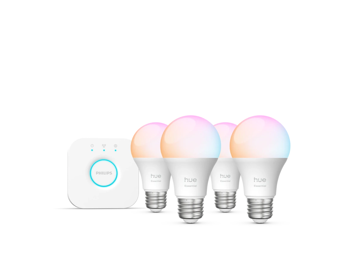 Philips Hue Essential Starter Kit — 4 E26 Color Bulbs + Hue Bridge